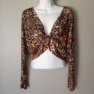 Superdown Long Sleeve Leopard Print Wrap Crop Top